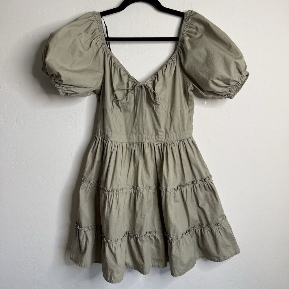 Womens Tiered Babydoll Mini Dress SZ M Sage Green Peasant Milkmaid Cottagecore
